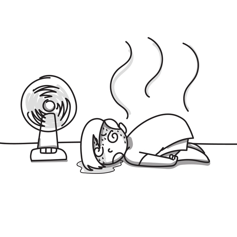 One panel self portrait comic depicting myself during a heat wave trying to keep cool